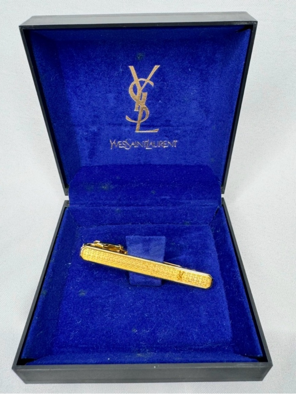 Yves Saint Laurent Gold Tie Bar in Blue Velvet Box
